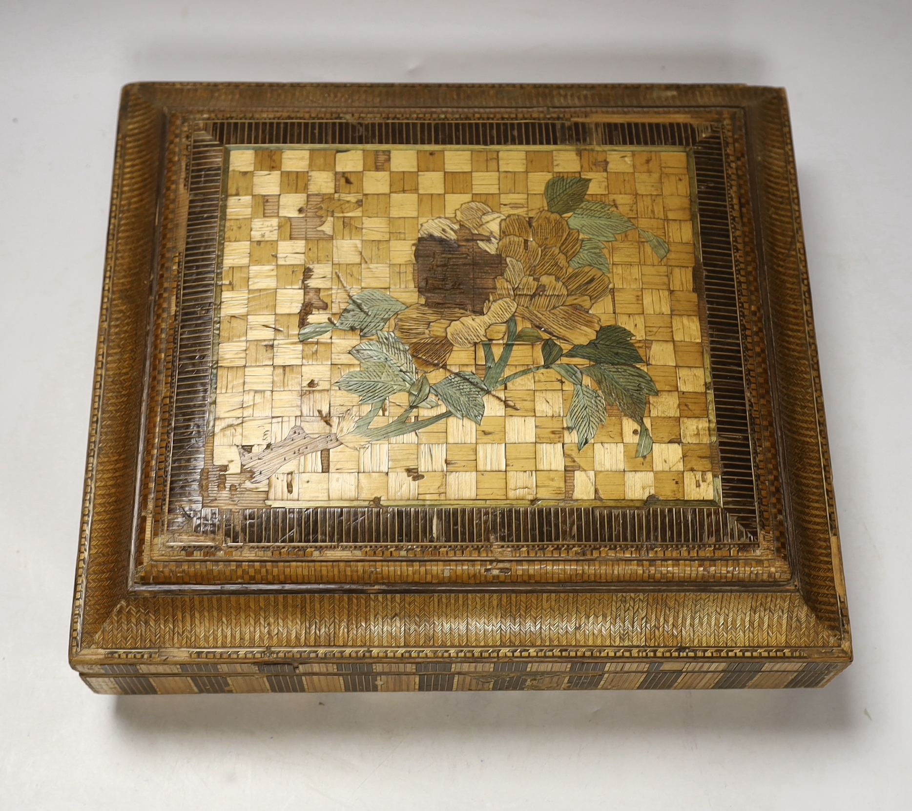 An early 19th century French straw work box with a mahogany sand timer